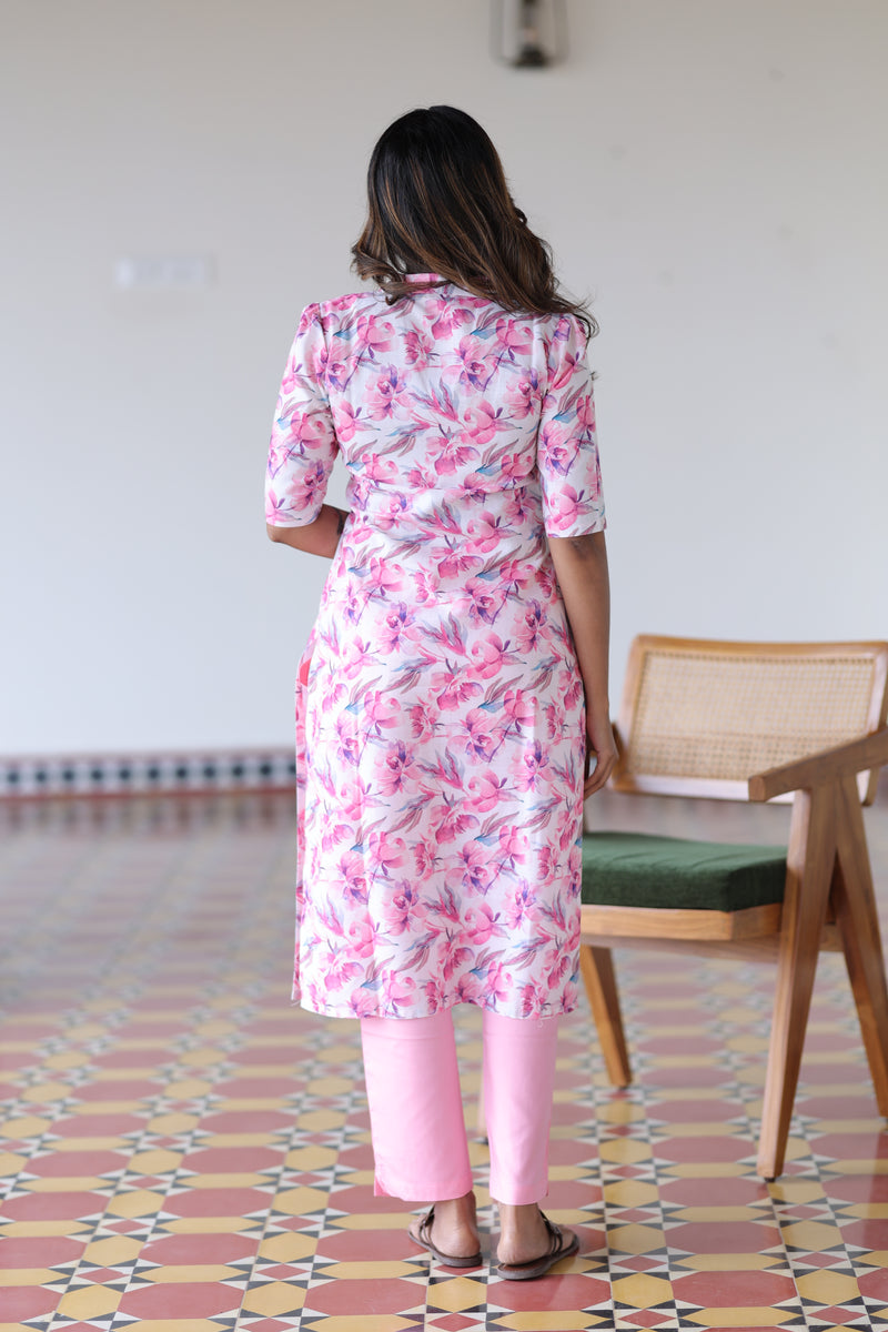 Pink Floral Linen Kurta