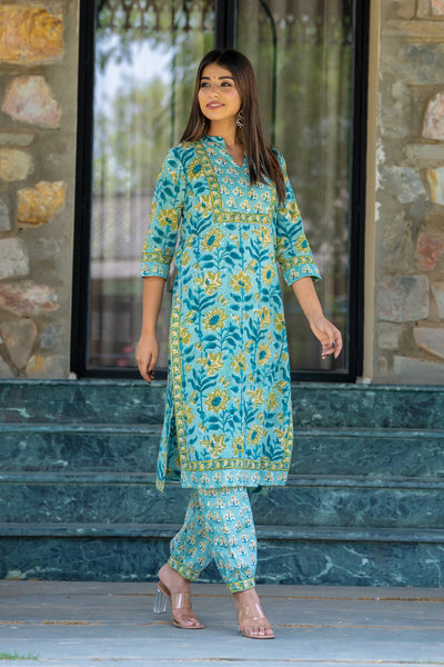 Teal Blue Yellow Buti Kurta Set