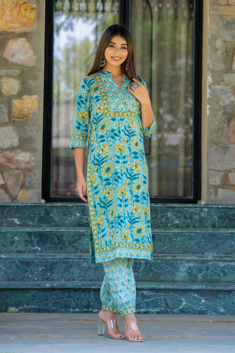 Teal Blue Yellow Buti Kurta Set