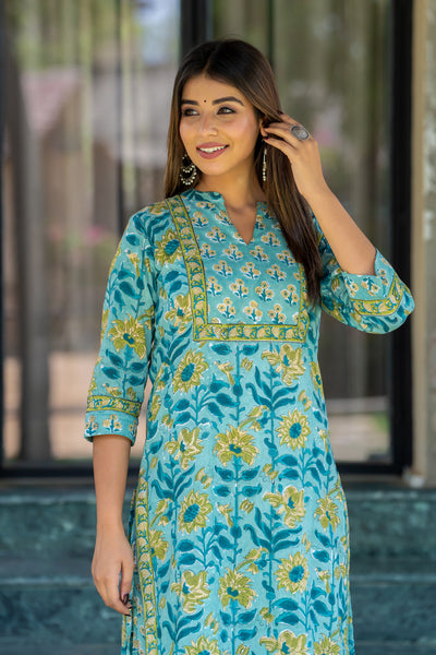 Teal Blue Yellow Buti Kurta Set