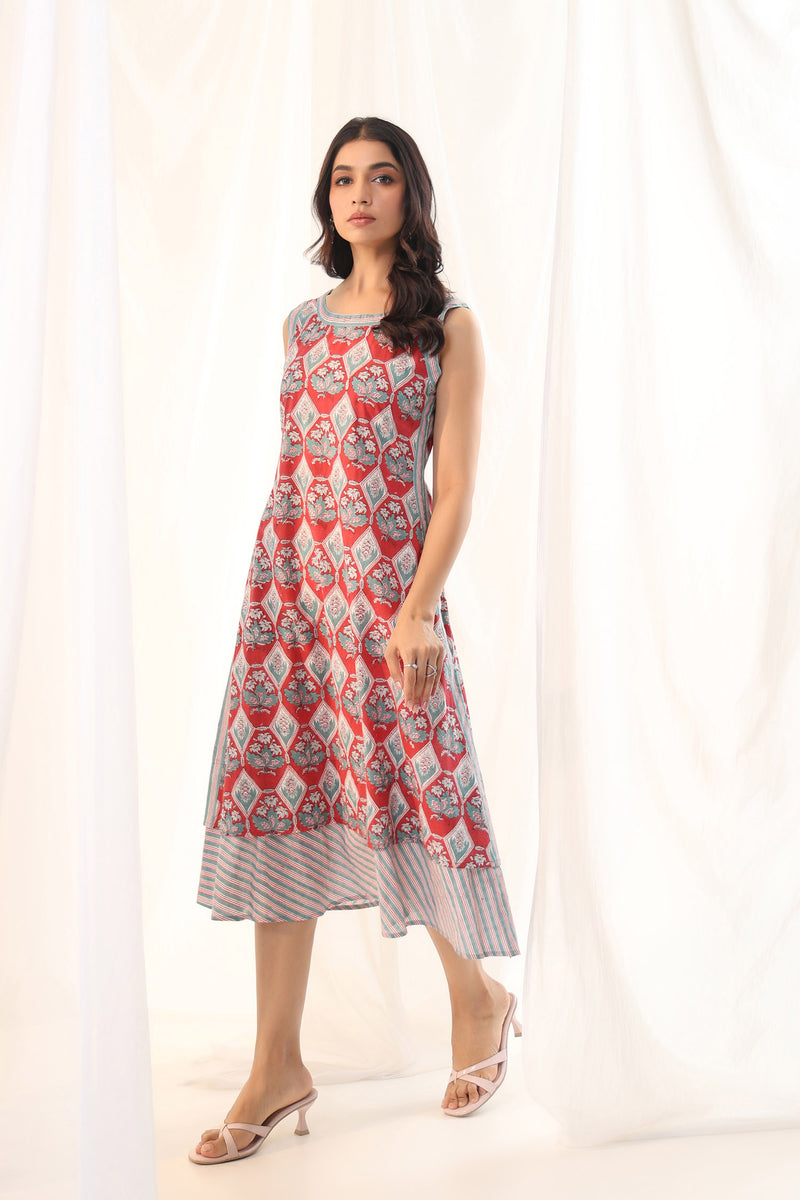 Red blockprint Sleeveless dress