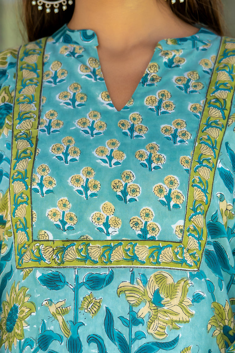 Teal Blue Yellow Buti Kurta Set