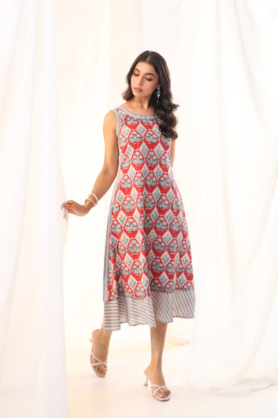 Red blockprint Sleeveless dress