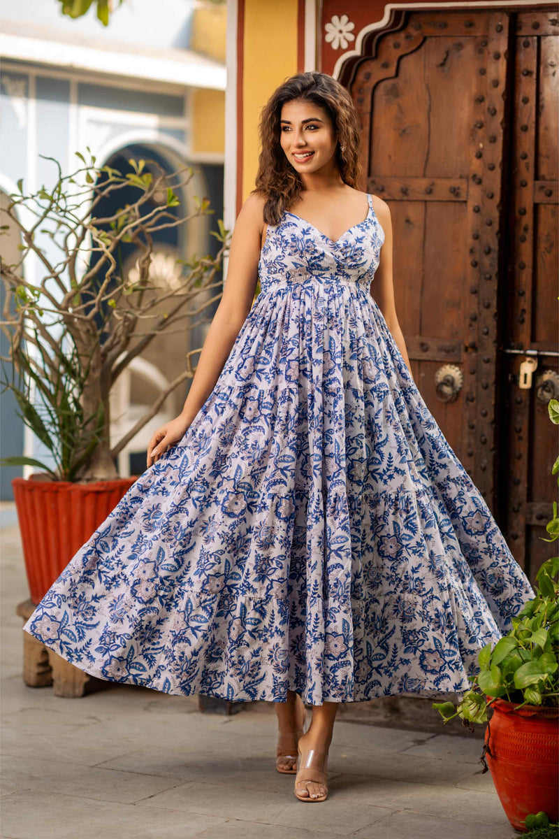 White Blue Grey Floral Strap Dress