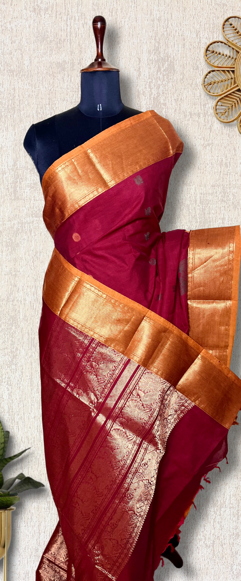 Kanchi Cotton Saree -  Mulberry Red + Fiery Orange