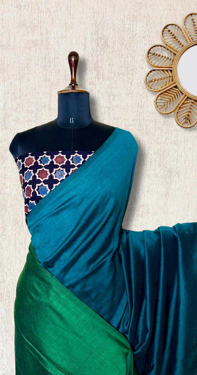 Khadi Cotton Saree - Teal Blue + Ocean Green