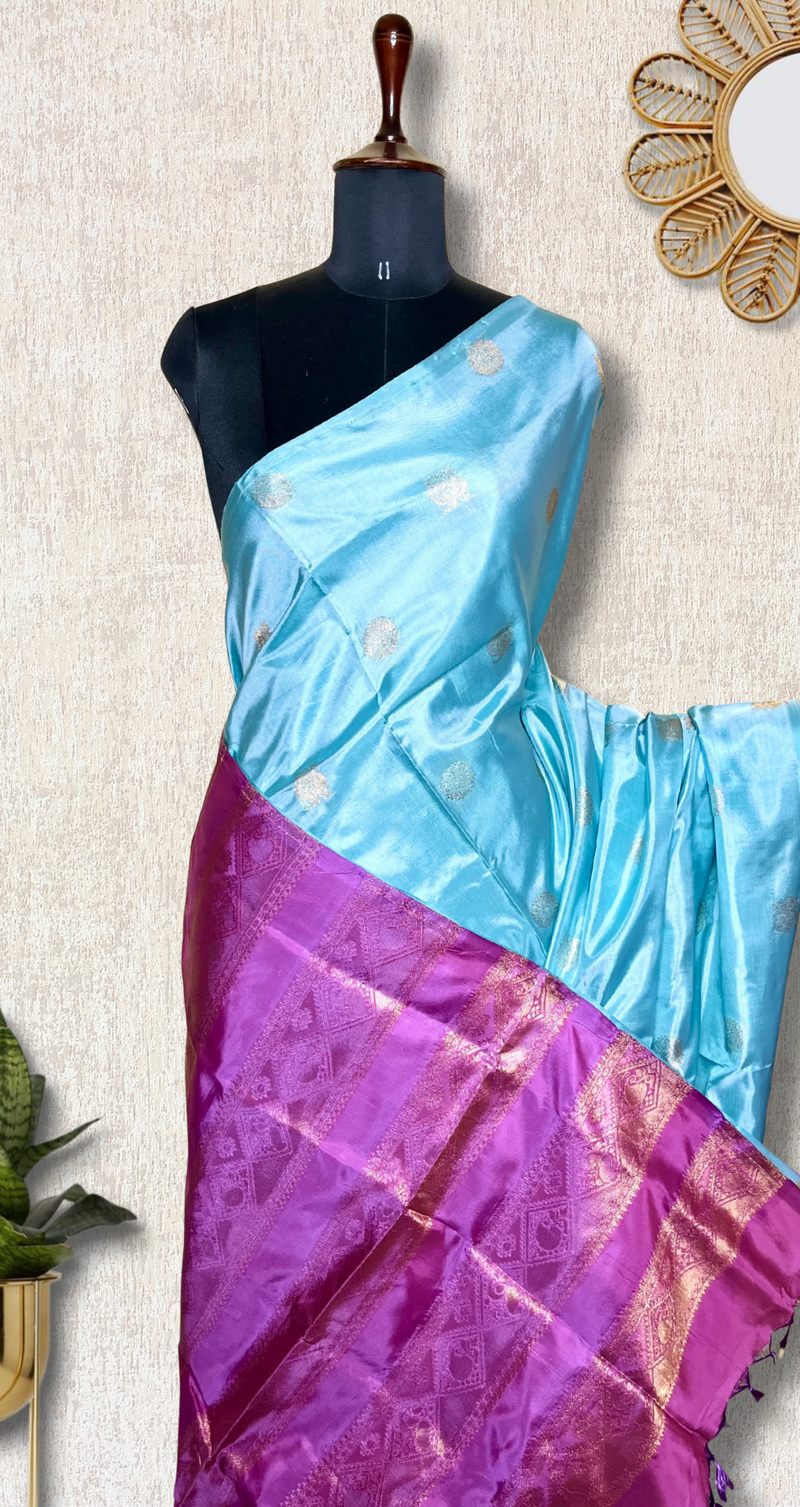 Handwoven Art Silk Saree -  Blizzard Blue + Fuchsia Purple