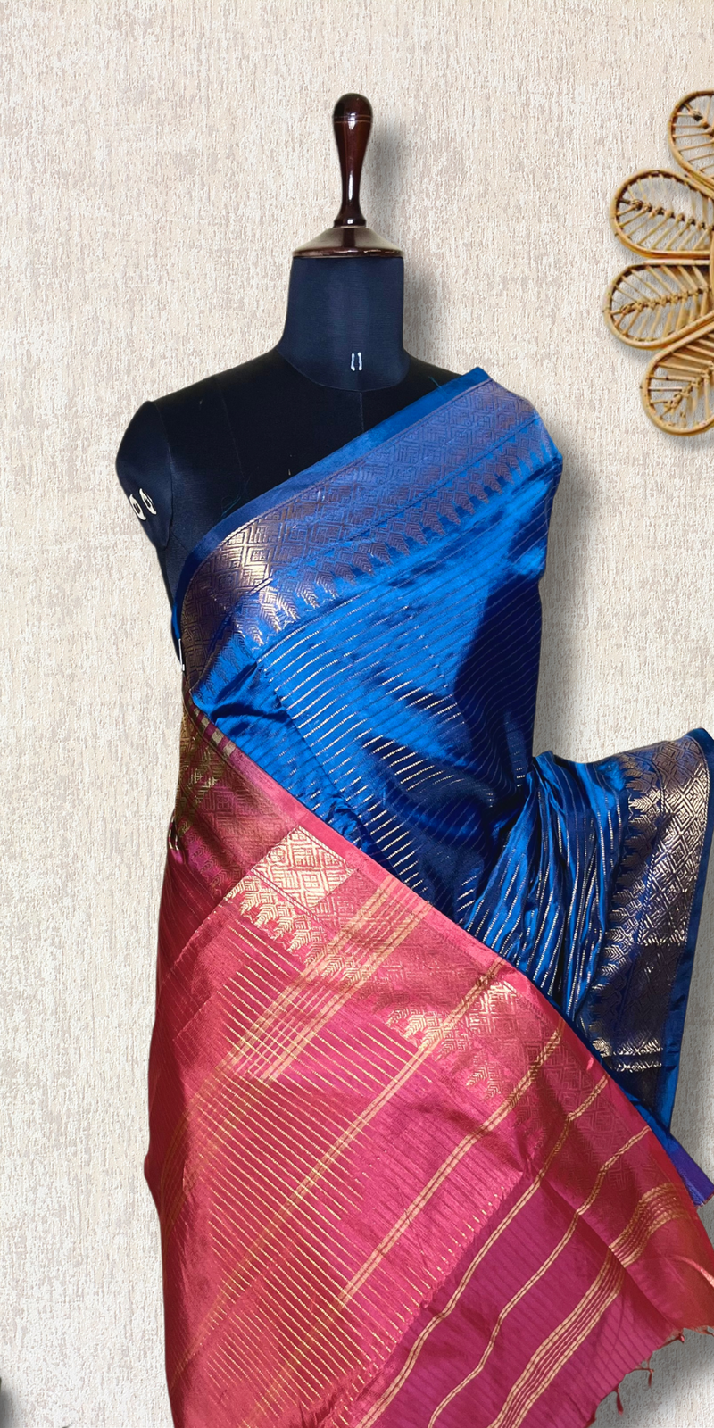 Handwoven Art Silk Saree -  Fun Blue +Thunderbird Red