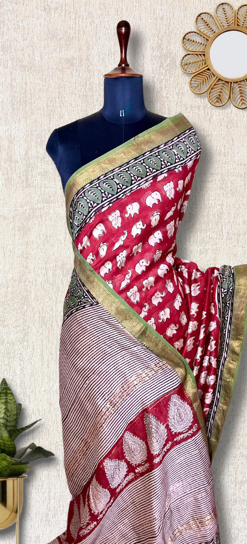 Handblock Printed Silk Cotton Saree - Crimson Red + Cream