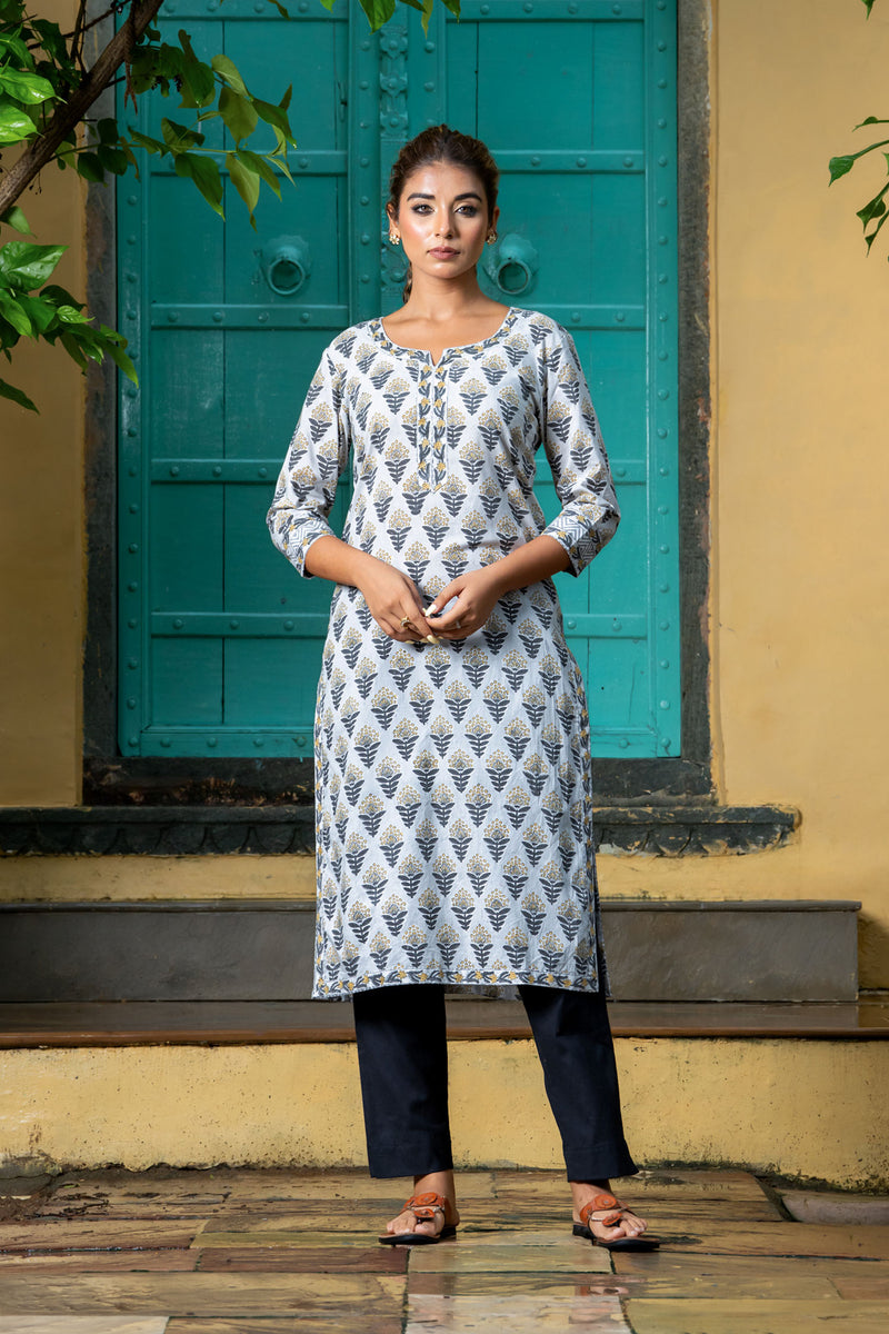 Grey Beige Motif Kurta Set