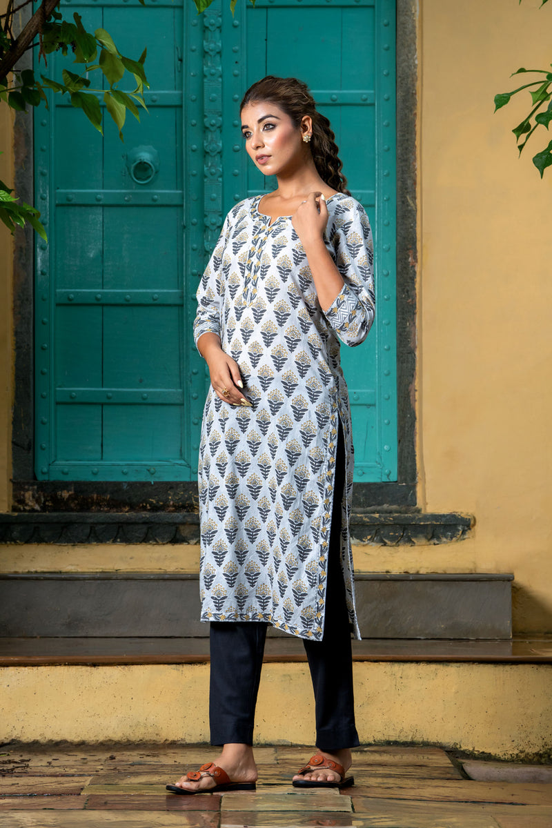 Grey Beige Motif Kurta Set