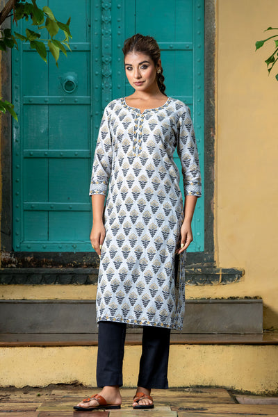 Grey Beige Motif Kurta Set