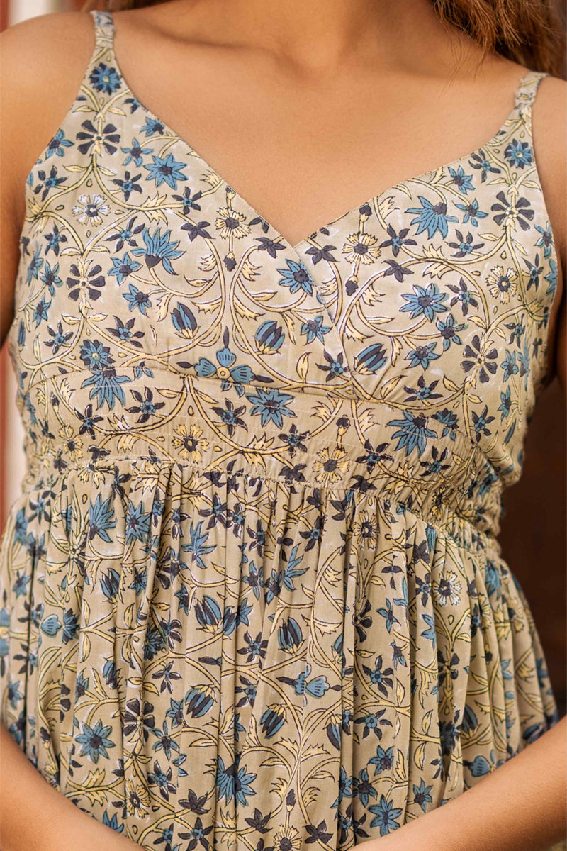 Grey Blue Floral Strap Dress