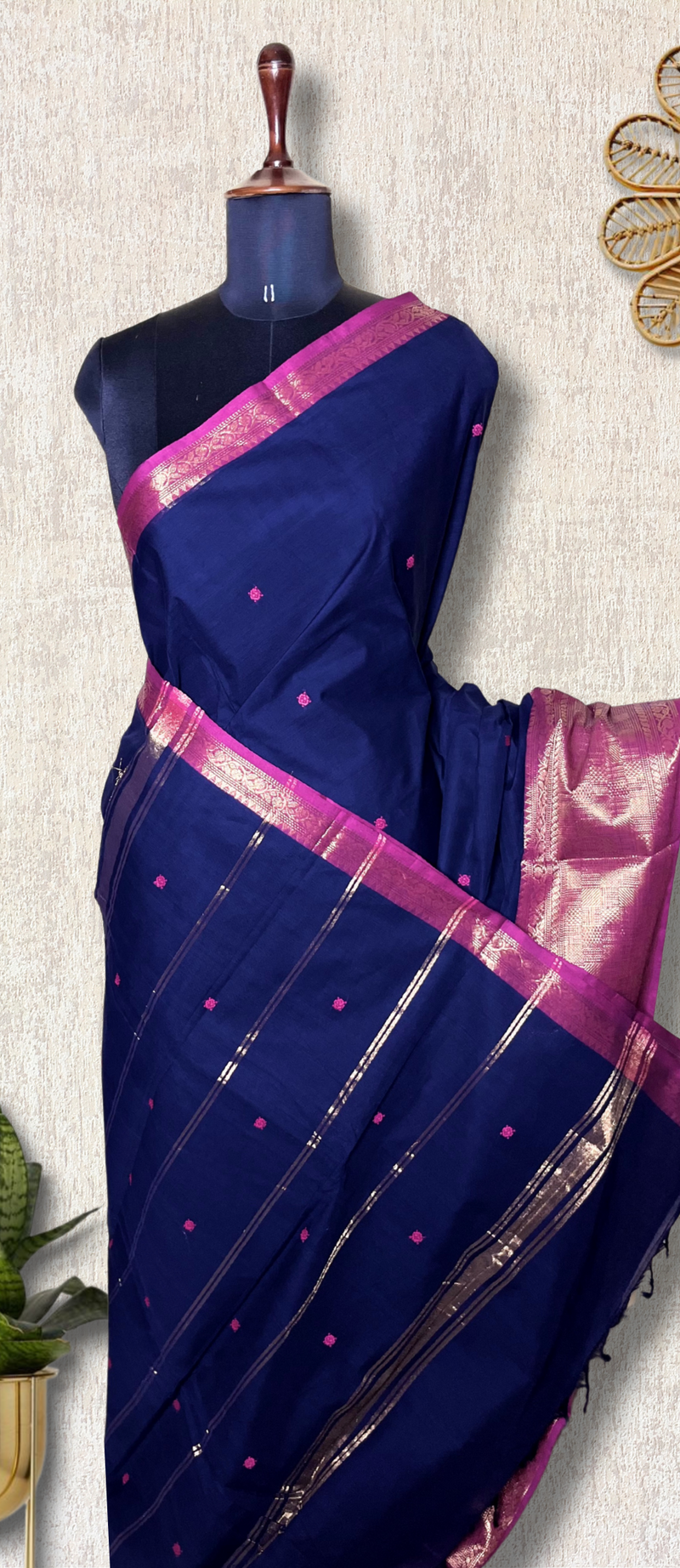 Chettinad Cotton Saree - Deep Blue + Medium Red Violet