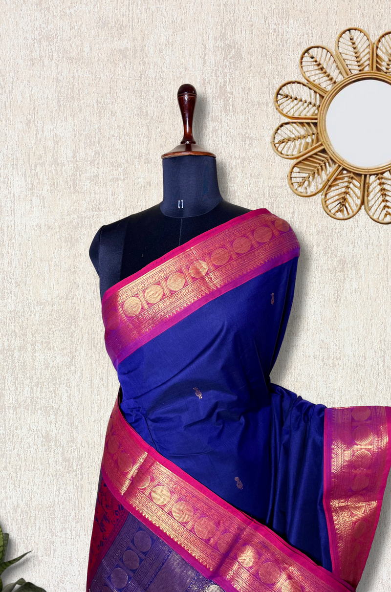 Kanchi Cotton Saree - Deep Blue  + Cannon Pink