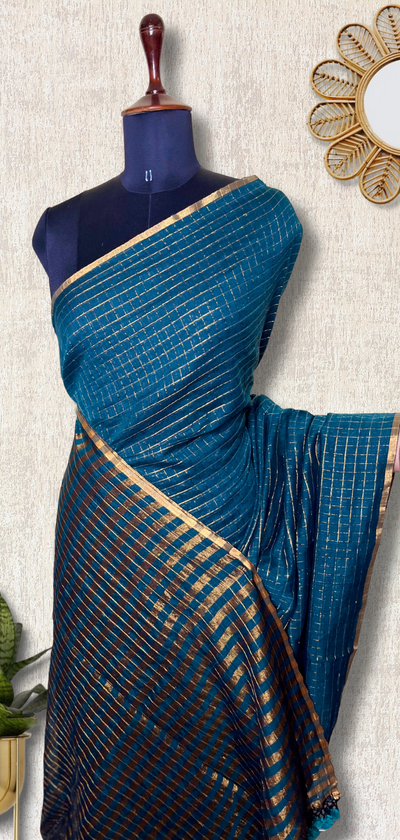 Handwoven Cotton Saree -  Teal Green + Gold