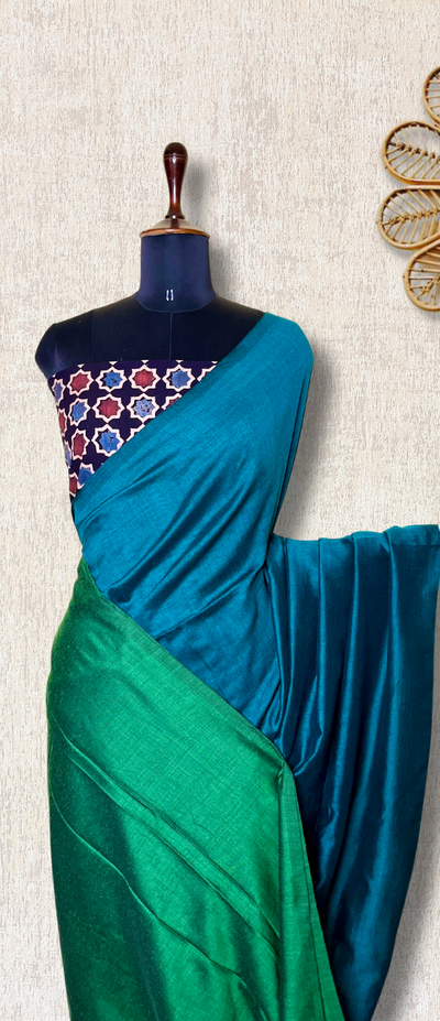 Khadi Cotton Saree - Teal Blue + Ocean Green