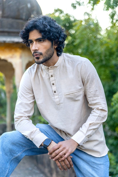 Beige Cotton Short Kurta