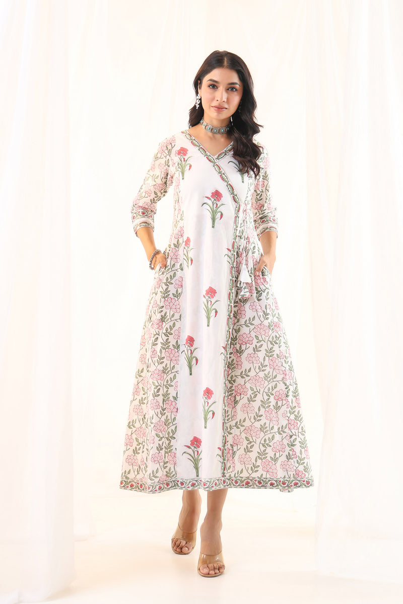 White Red Mughal Floral Buta Anarkali Dress