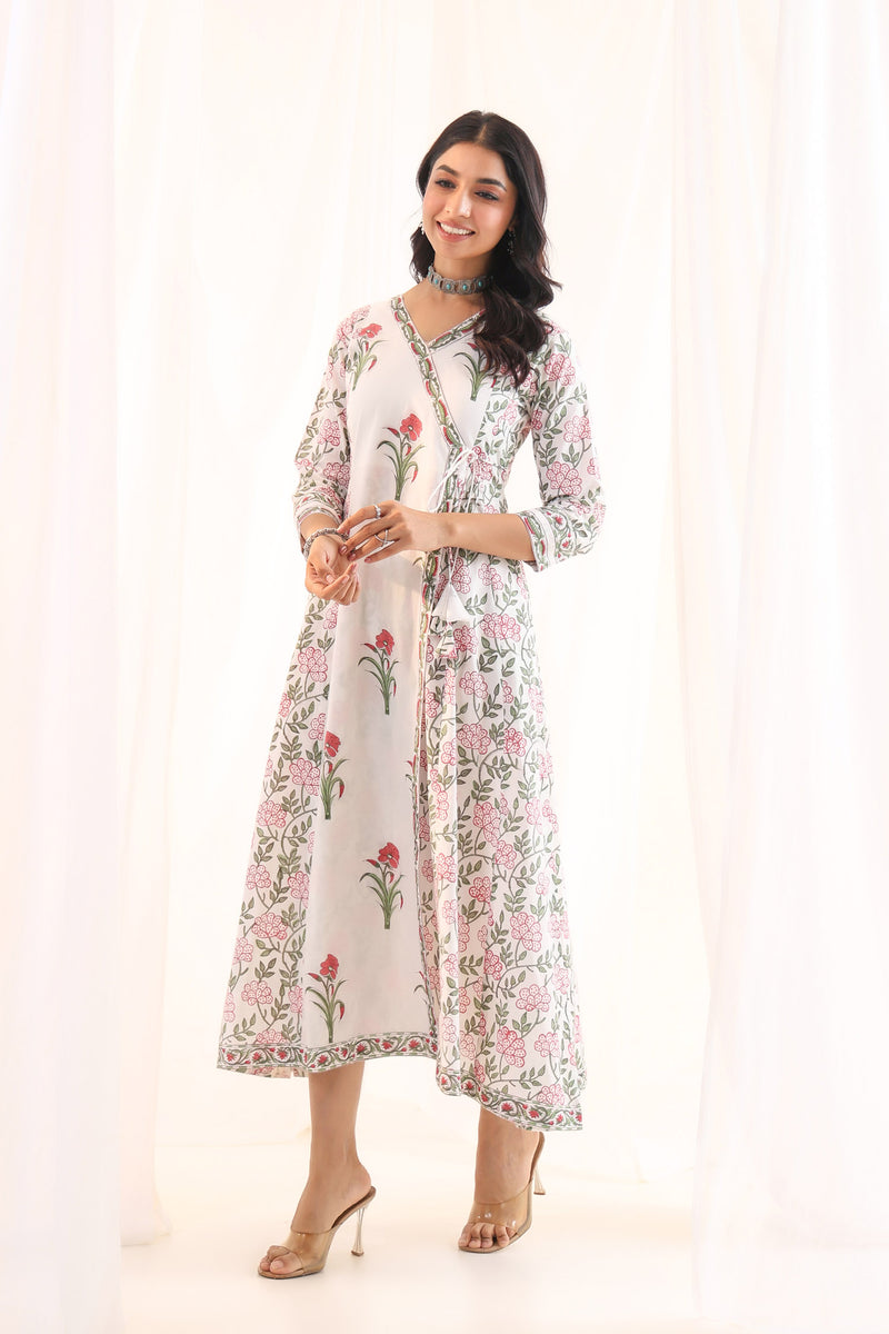 White Red Mughal Floral Buta Anarkali Dress