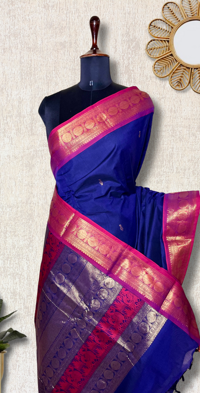 Kanchi Cotton Saree - Deep Blue  + Cannon Pink