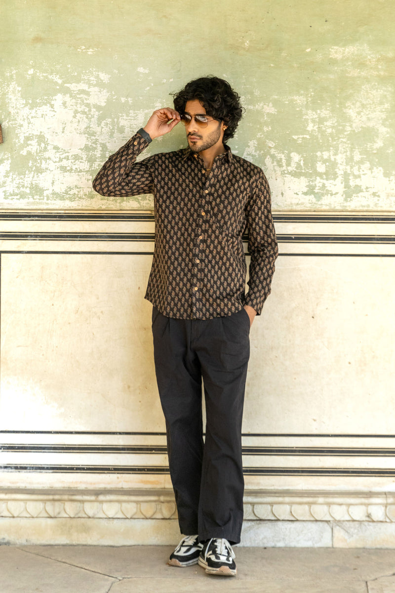 Black Ajrakh Paisley Buti Full Sleeve Shirt