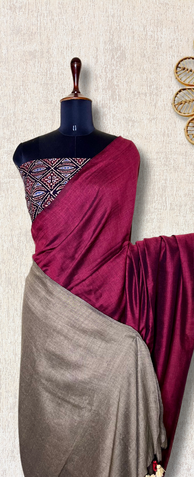 Khadi Cotton Saree -Flush Maroon +Rust Silver