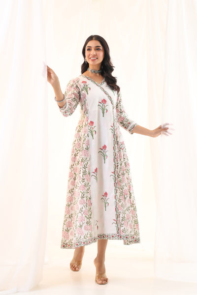 White Red Mughal Floral Buta Anarkali Dress
