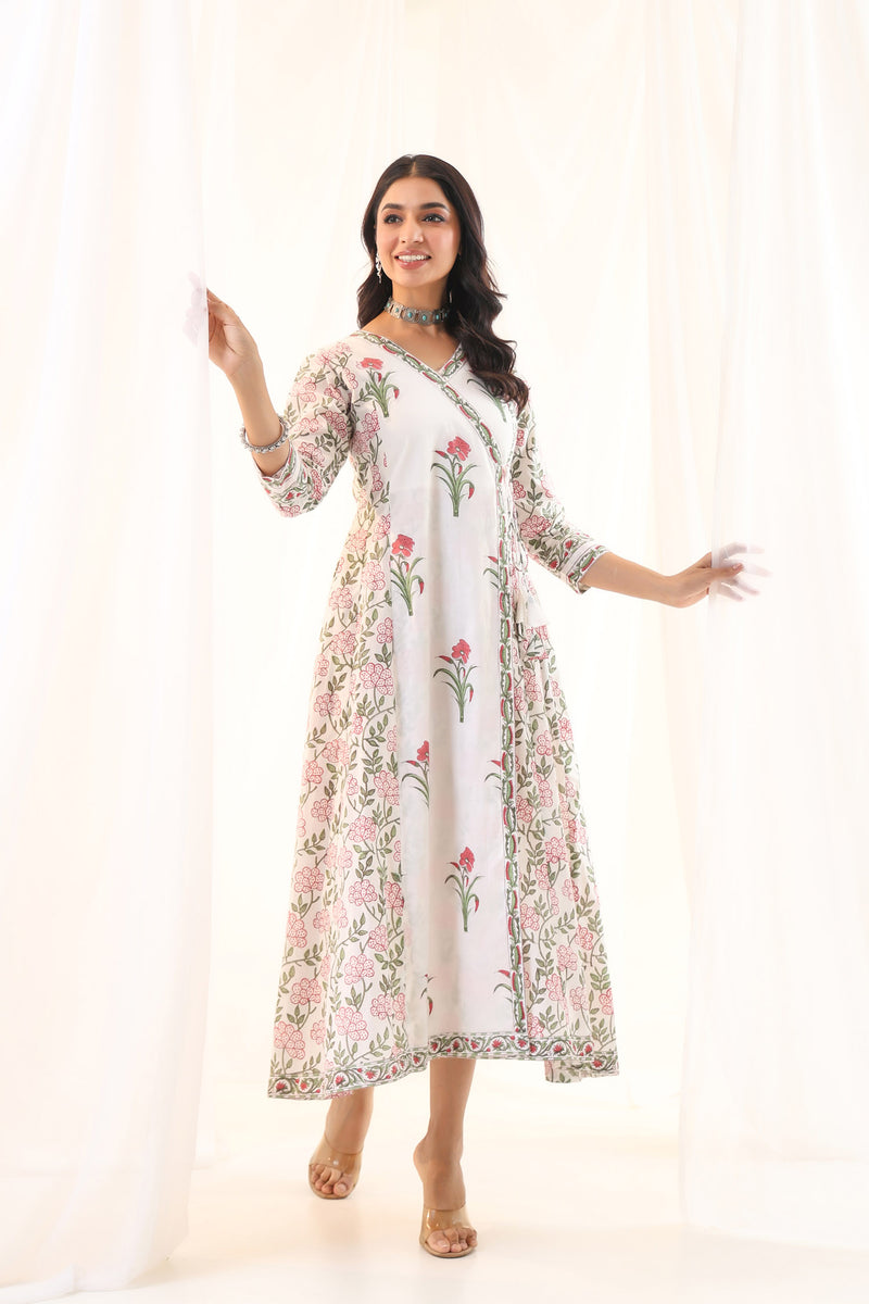 White Red Mughal Floral Buta Anarkali Dress