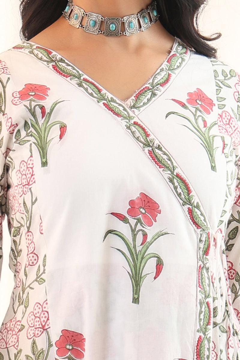 White Red Mughal Floral Buta Anarkali Dress