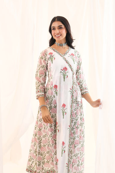 White Red Mughal Floral Buta Anarkali Dress