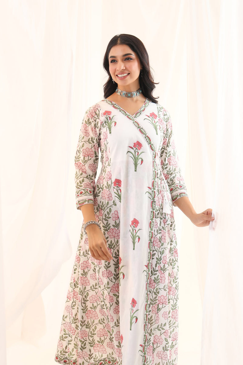 White Red Mughal Floral Buta Anarkali Dress
