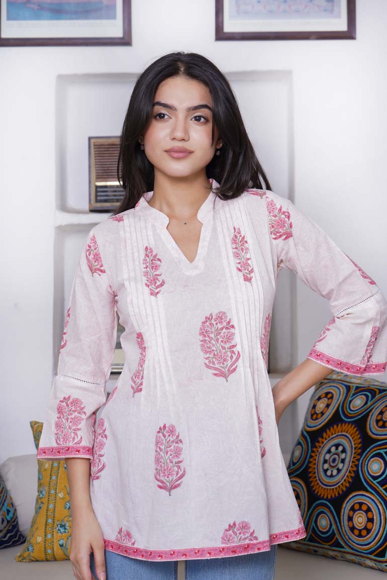 White Pink Mughal Buta Pintucks Short Kurta