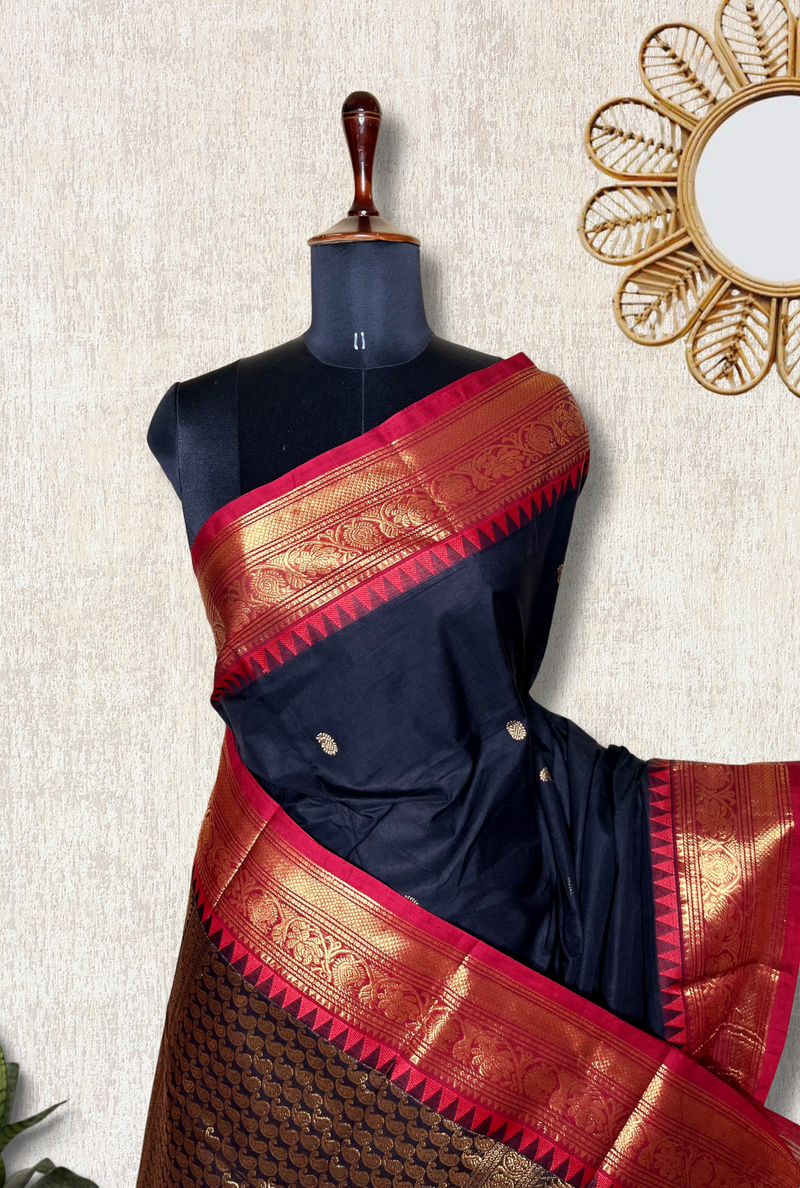Kanchi Cotton Saree - Charcoal Black  + Brick Red