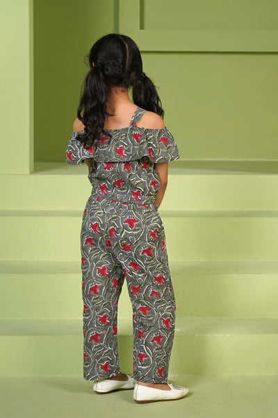 Grey Red Floral Jump Suit