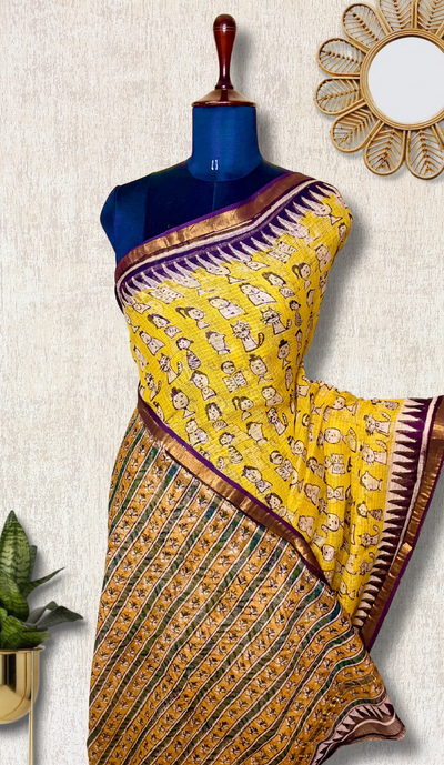 Handblock Printed Kota Doria Saree - Mustard Yellow + Pearl Black