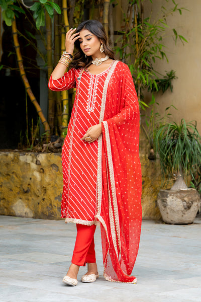 Red Multi Lehariya Kurta Set