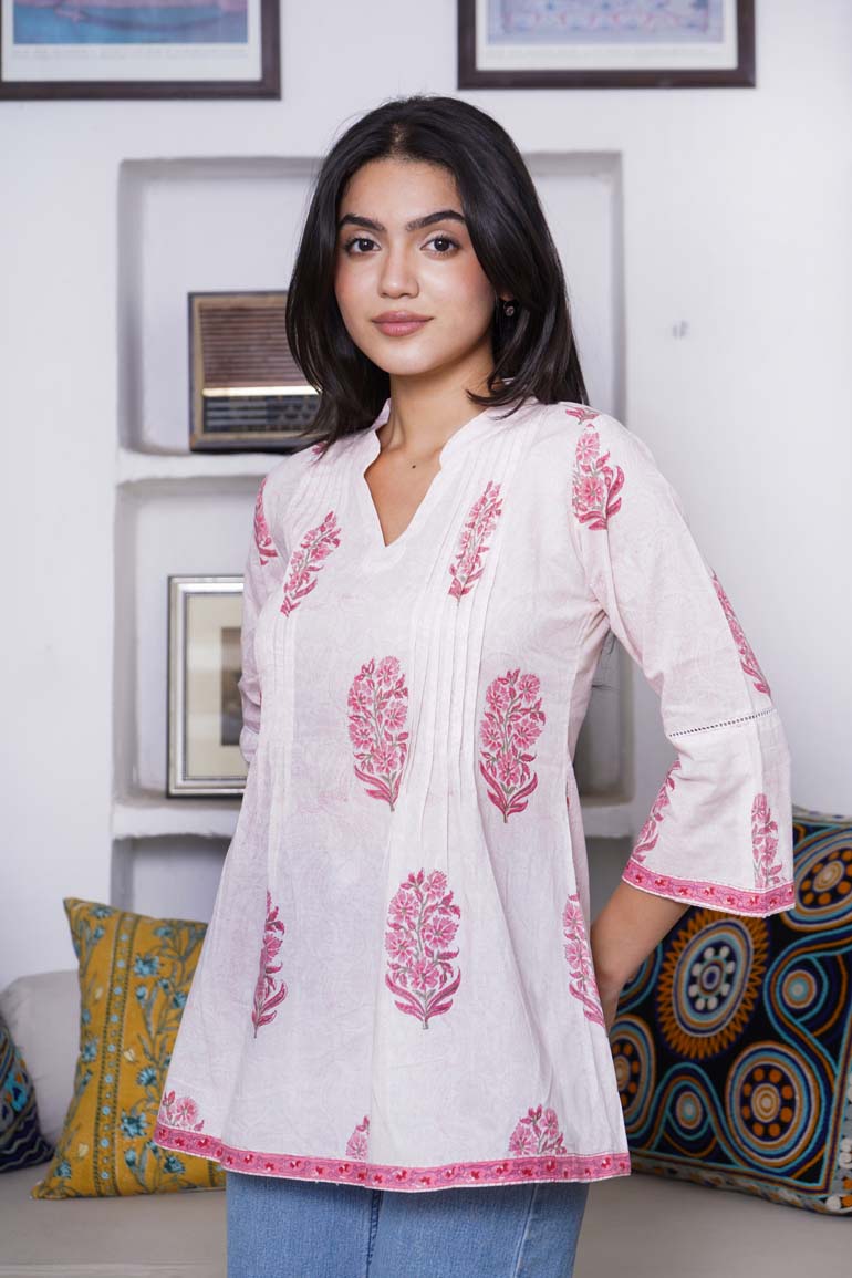 White Pink Mughal Buta Pintucks Short Kurta