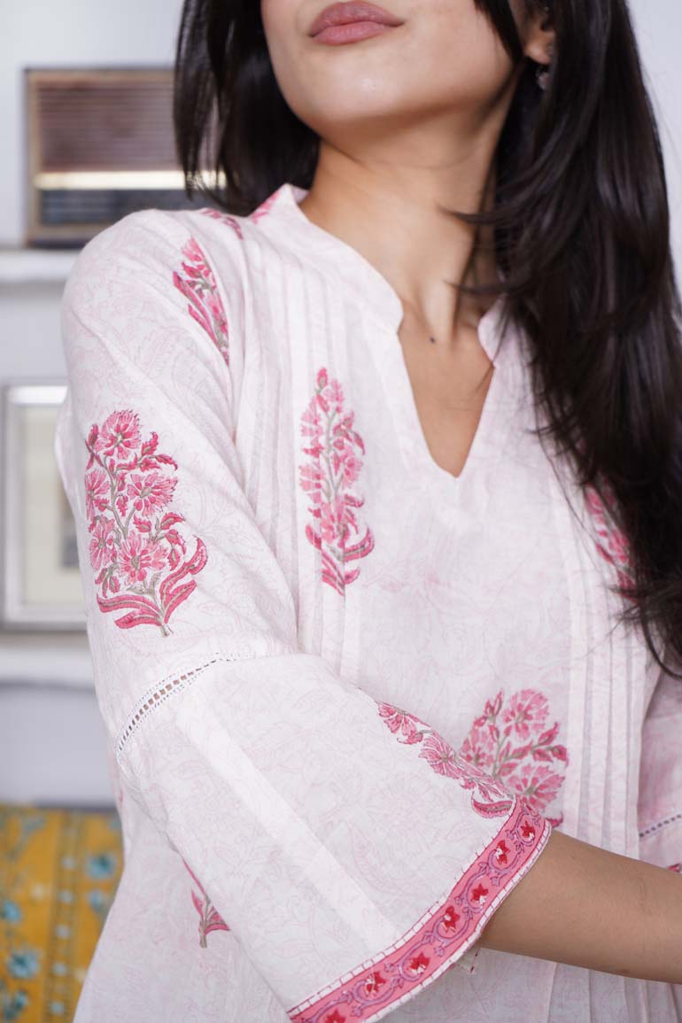 White Pink Mughal Buta Pintucks Short Kurta