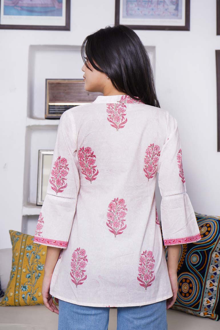 White Pink Mughal Buta Pintucks Short Kurta