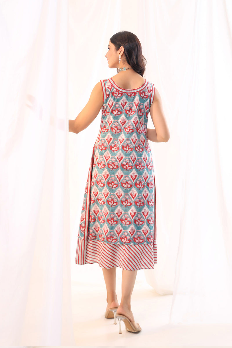 Turquoise Blockprint sleeveless dress
