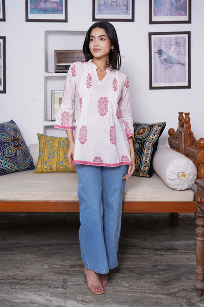 White Pink Mughal Buta Pintucks Short Kurta