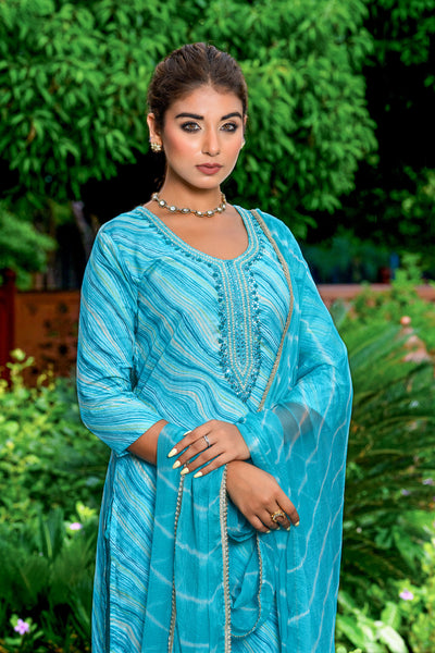 Blue Multi Lehariya Necklace Kurta Set