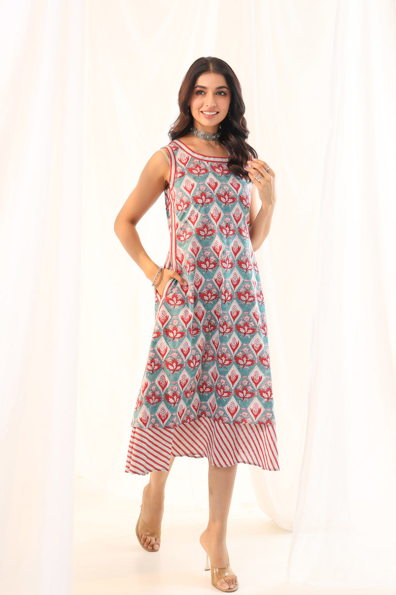 Turquoise Blockprint sleeveless dress