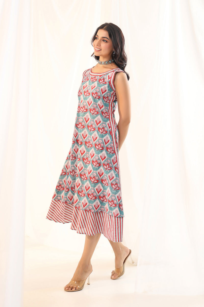 Turquoise Blockprint sleeveless dress