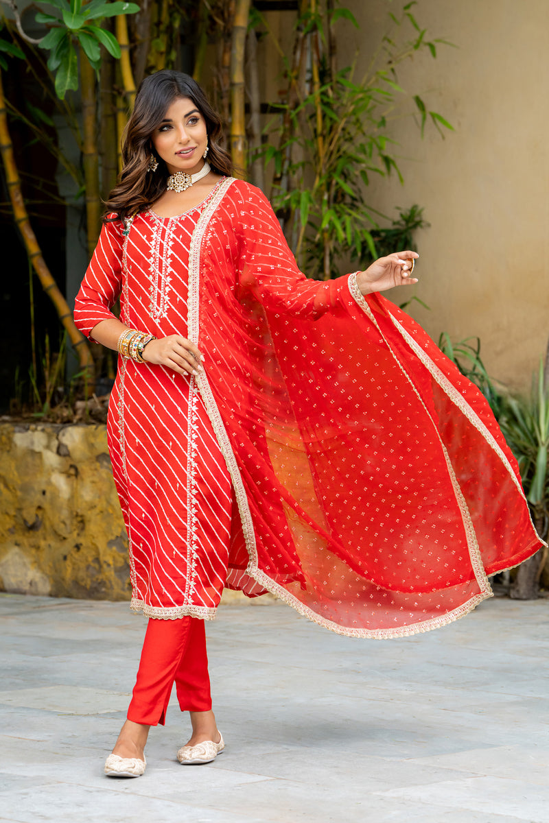 Red Multi Lehariya Kurta Set