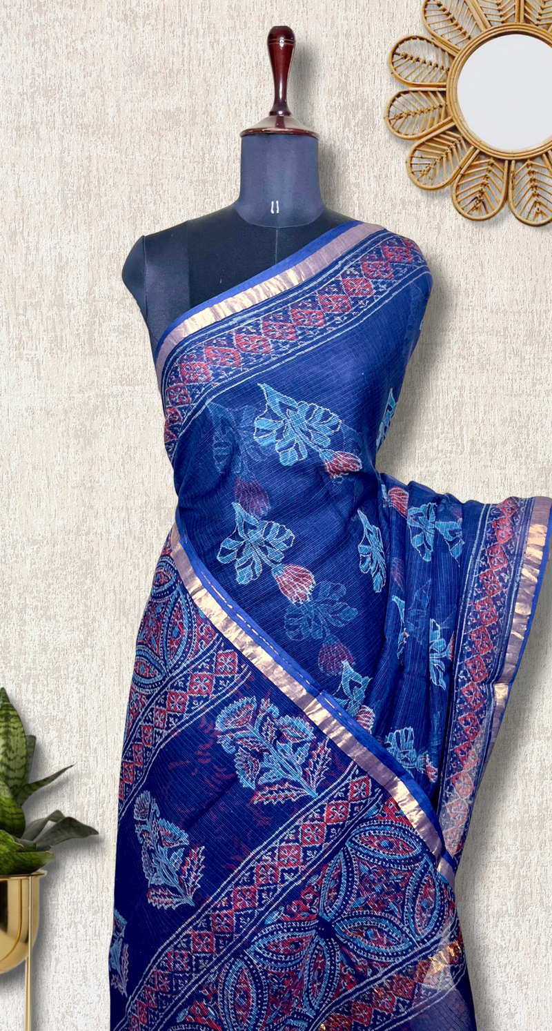 Handblock Printed Kota Doria Saree -  Persian Blue