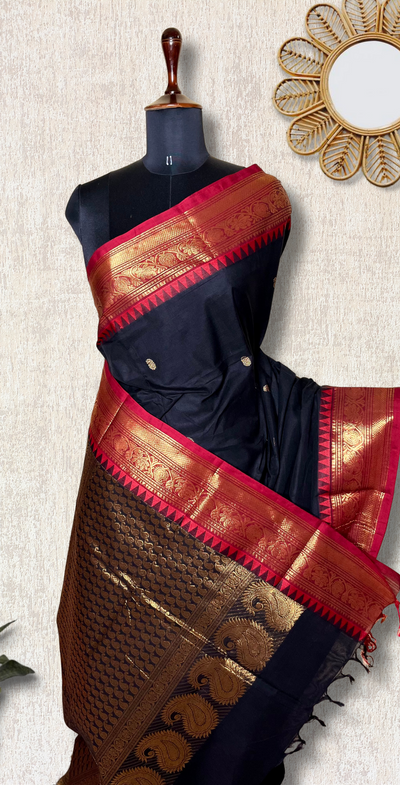 Kanchi Cotton Saree - Charcoal Black  + Brick Red