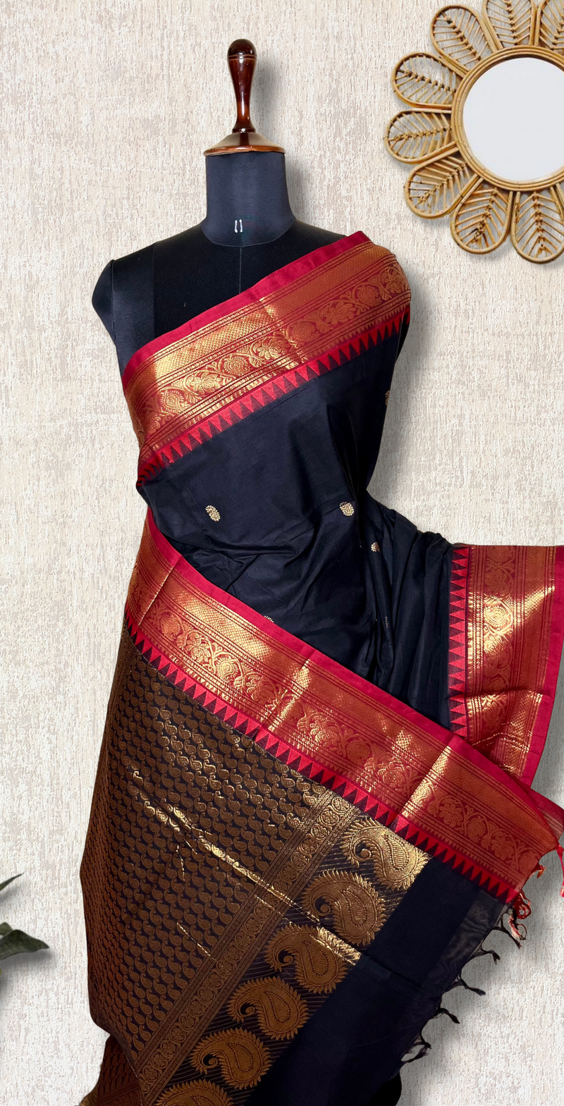 Kanchi Cotton Saree - Charcoal Black  + Brick Red