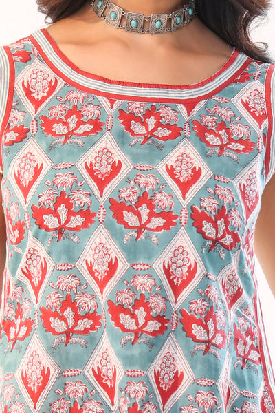 Turquoise Blockprint sleeveless dress